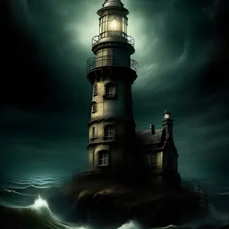 Man spends a sleepless night inside a dark lighthouse in a delusional state haunted by ghostly images, paint it in the baroque style, as if the man is horrified