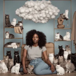 Portrait of black woman with curly hair sitting in room full of clouds and fluffy kittens