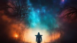 walking straight ahead over a wooden bridge, holding the angel of death with your right hand, entering the fog at the end of the road that leads to the afterlife, and a beautiful sunset and galaxy's behind the fog, realistic