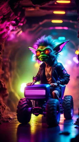 portrait of Hairy Gremlin pimp ninja cyber yoga punk in flying hipster tractor parked in dark tron neon lit reflective smoke cave tunnel,bokeh like f/0.8, tilt-shift lens 8k, high detail, smooth render, down-light, unreal engine, prize winning