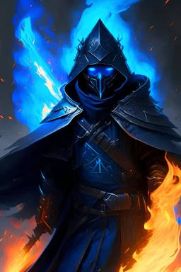 A commander with a matte black combat helmet and eyes with bright blue flaming pupils, a black cape and a long coat with long combat boots and a long, sharp and fiery spear and with his helmet under his cape and two blue flames instead of eyes