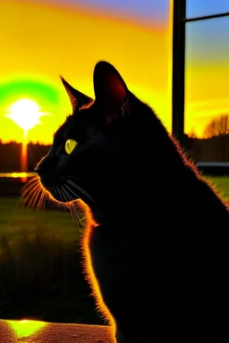 A black cat staring at the Sun rise