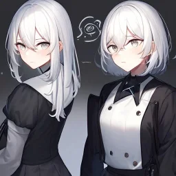 masterpiece, best quality, female, medium hair, white hair, bangs pinned back, grey eyes, {tired expression}, {black circle under eyes}. {Bags under eyes}