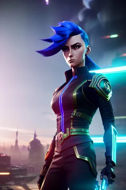 Futuristic female soldier, physically fit, green hair, blue eyes, intricate eyeliner, vibrant eyeshadow, clear completion, soft lighting, 4k resolution, intricate details, insanely detailed, colorful cityscape background, masterpiece, expert, cinematic smooth, retroanime style, realistic details, no helmet
