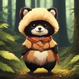 Adorable Tanuki: a half-tanuki half-human chick in the forest. she is a mythical animal creature