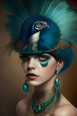 penny dreadful, roaring 20s fashion, piercing gaze, small peacockfeather in hat, lavish egyptian jewlery