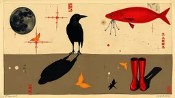 Long Shadows: raven, red fish, red boots, abstract surrealism, collage, conceptual art