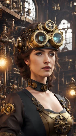 A steampunk-themed masterpiece featuring a female inventor with goggles on her forehead, surrounded by intricate machinery and brass gadgets, set against a backdrop of a Victorian workshop. 4k resolution.