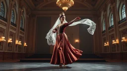 A full-body cinematic photograph of a graceful Azerbaijani woman performing a traditional national dance. She wears an intricately embroidered velvet bodice and a flowing long silk skirt. On her head is a small ornate traditional crown with a long, translucent white lace veil flowing elegantly behind her. She stands in a poised, elegant dance pose on a sleek modern performance stage with dramatic professional spotlighting. The stage is set inside a massive opulent royal hall with high ceilings,