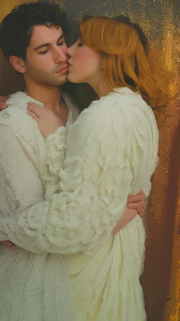 Masterpiece, fine art, award winning, "like Gustav Klimt : the Kiss in a chair", RAW photo, eye candy in the style of (petra collins::Robin Eley:1.5), (Suhaila Ben Lachhab::Heidi Moussa:1.5) in breathtaking cinematic shot (full body shot, from below angle) that emphasizes the stunning cheek bones, texturized black hair,(big detailed eyes:1.5) (cottagecore aesthetic:5) with extreme sensuality, Irresistible with (porcelain skin:4.8), sitting on an old chair, retro vintage style a female face in