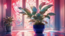 modernist style, a house plant shocking someone, navy blue, cherry red and soft cream color scheme, iridescent style, bright and reflective atmosphere light effects, holographic background, art nouveau, soft colors