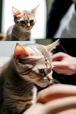 the cat's mother's attention to him in cleanliness by removing the hair of the head as if he was a Created small cat bald person with hair behind the head and ears and for hair from the right side of the head is long and covered with the rest of the baldness in the other direction This is the indicator that you find on a lot of bald men