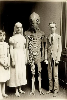 1900's black and white vintage photo, interior, alien human hybrid creature with a family, captured on square format film, grainy, aged