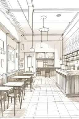 A sketch of a coffee shop interior design in a minimal and simple style