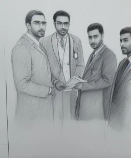 Pencil sketch of Four doctors are discussing ، on lined paper