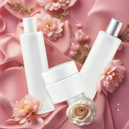 a bottle for cosmetics and a cream jar lies on a beautiful floral background top view, in the background there are beautiful spring flowers and a drop of cream, high-quality picture, top view