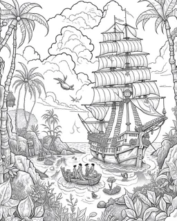 Pirates of the Caribbean: Skull Island Jungle Exploration Coloring Page: Create an intricate coloring page capturing the essence of Skull Island's dense jungle from the Pirates of the Caribbean movie. Depict towering trees, winding hidden paths, and exotic wild animals awaiting vibrant interpretations. Integrate iconic elements like the Black Pearl sailing on the horizon or discreetly placed treasure chests, inviting enthusiasts to bring this adventurous scene to life with their black and white