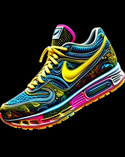 A stunning interpretation of nike sexy sports shoe sneakers, made of chrom, advertsiement, solarpunk, highly detailed and intricate, golden ratio, very colorful, hypermaximalist, ornate, luxury, dripping with melting black