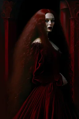 In the foreground there stands a stunning American woman whose visage is adorned with a full sumptuous coat of red lipstick and her long flowing locks are a deep and rich shade of darkness Her garment is an elegant and refined medieval evening gown the hue of which skews towards a bewitching shade of red and its texture is that of a fine and delicate lace Behind her the setting is a warm and inviting space illuminated primarily by the soft flickering glow of candles and punctuated by the presenc