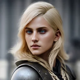 Prhotorealistic close-up of a beautiful blonde warrior with dystopian clothes and background