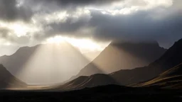 Mountainous landscape on Kerguelen, dramatic sunlight, chiaroscuro, beautiful composition, award-winning photograph