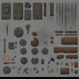 Sprite sheet, Wood, Nails, Metal scrap, cloth, electronics, gears, icons, survival game, gray background, comic book,