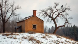 a lonely old adobe hut with worn adobe brown-gray wall and a small window, a crumbling roof, an old chimney stands on a hill, next to it is a small woodshed by the wall, and an old withered tree leans over the hut on thr old tree sitting a black crow, the hut stands on the edge of a European forest, winter, snowy landscape, low light, dawn, snow, high detailed, sharp focus, high realistic, perfect photo