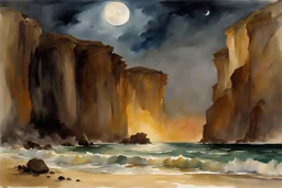 Night, rocks, cliffs, sci-fi, distant mountains, sea, waves, sand, seashore, epic, fantasy, john singer sargent watercolor paintings