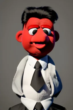 Waist up muppet Portrait, Kim Jong-un muppet doll, black suit, photo studio, red background, unreal engine 5, concept art, art station, god lights, ray tracing, RTX, lumen lighting, ultra detail, volumetric lighting, 3d.