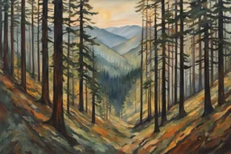 Aerial view painting of an expansive haunted giant redwood forest landscape, pierced by shafts of soft sunlight at dawn , in the Expressionist style of Egon Schiele, Oskar Kokoschka, and Franz Marc, in muted natural colors,