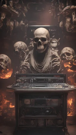 DJ of the damnded, insanely detailed DJ booth in hell, MID set, speakers and equipment made of bone, anatomically correct, add more skulls in th audience, photorealism, vray, 8k 3d https://stablecog.com/generate?o=a67b60e0-edd2-418d-9744-d1d585055d7f