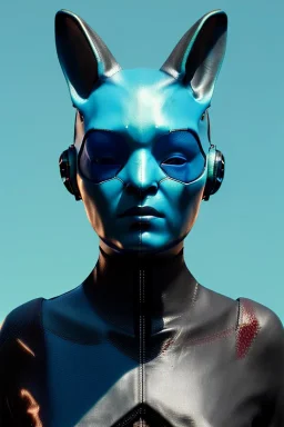 Medium Close Up Portrait, Front image. cyberpunk, rabbit mask, Italian woman, cyan short hair. latex, carbon suit. Cyan, black, blue, color. Akira style. Color background, photo studio. Avatar image, highly detailed, concept art, smooth, unreal engine 5, god rays, ray tracing, RTX, lumen lighting, ultra detail, volumetric lighting, 3d, finely drawn, high definition, high resolution.