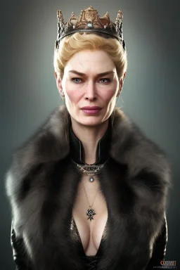 Cersei Lannister as evil queen in black leather and fur, busty, cleavage, curvy, lena headay, angry, stern look. character design by cory loftis, fenghua zhong, ryohei hase, ismail inceoglu and ruan jia. unreal engine 5, artistic lighting, highly detailed, photorealistic, fantasy