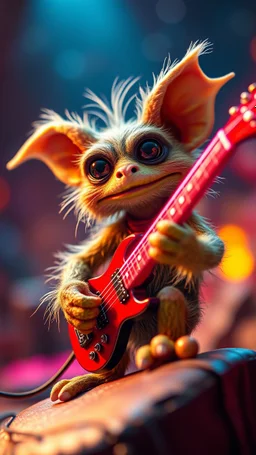 a fuzzy muppet show gekko gremlin rock star with space lazer guitar in the style of Escher, bokeh like f/0.8, tilt-shift lens 8k, high detail, smooth render, down-light, unreal engine, prize winning