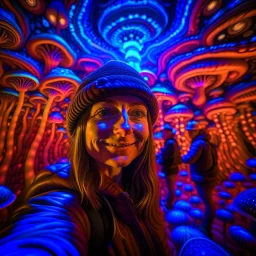 AI hippie selfie in dark twisted psychedelic fluorescent mushroom concert hall , photo-realistic, shot on Hasselblad h6d-400c, zeiss prime lens, bokeh like f/0.8, tilt-shift lens 8k, high detail, smooth render, down-light, unreal engine, downlight