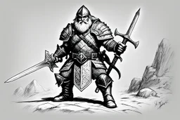 (black and white traditional pencil sketch digital drawing on paper by Ray Harryhausen) the senior AD&D dwarf ranger character class. Weapon: broad sword and long dagger, armour: preference for medium, powers: track, hide in wild, convince