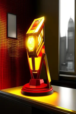 gaming table lamp inspired by avengers stark tower buliding architecture futuristic-modern stlye. geometric form, red and yellow color scheme