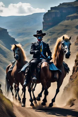 full figure hi tech colombian cyber punk mafia on sicilia with some joker wild horses riding down the canyon