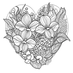 outline art for visually rich appealing ikebana orchids plumeria spa rounded stones human heart, coloring page for kids, white background, fit to page, only use outline, clean line art, no shadows, clear and well outlined