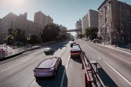 A Tesla 'Semi' (semi truck) is going at a high speed, on the streets of San Francisco. (CINEMATIC, WIDE ANGLE LENS, PHOTO REAL)