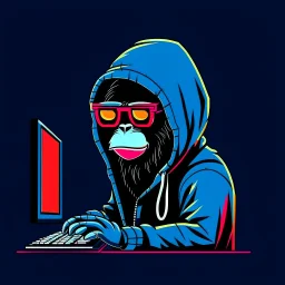 A Monkey sitting in front of a computer, wearing a hoodie and sunglasses. Matrix in background. Pixel Art. Profile Picture. Avatar. Pixel