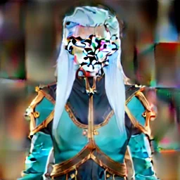 D&D cleric, female, platinum blonde hair, gold eyes, smiling, teal armor