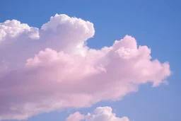 sky blue background with white puffy clouds highlighted with pinks and pastel violet