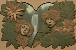 double exposure caricature of a brasilian rainforest, flowers, waterfall Heart and love: magical ethereal nature, copper patina, desaturated neutral tones on burlap, dramatic impasto composition that brakes down the boundaries between an effective combination of concept, vision and mastery of medium (Georges Braque:0.7), (Fernand Leger:0.3), set in front of vivid background by Pablo Picasso watercolor and ink, oil on canvas, reflection, mist, sunshine