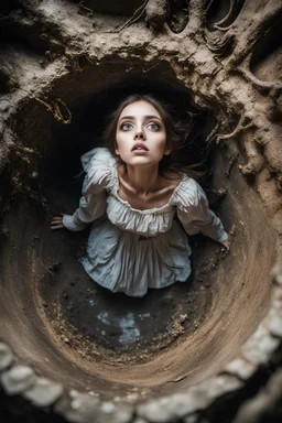 Closeup Girl siren with big eyes, fullbody, ragged clothes, extended like roots, the perspective looking up from the bottom of an empty well ,8k,macro photography,