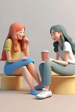 3D gece oturmuş gülüşecek birbirleri işe sohbet eden 2 kız