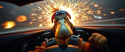 weird perspective race car driver close up portrait of dj platypus duck pilot looking down on cam, with background in the style of escher and giger, a chill contrapunctus fugue in the style of fsol, beethoven, goa trance breaks, dancefloor drum and bass, fire and explosions