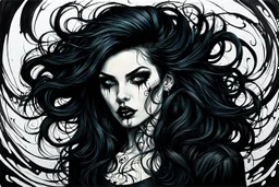 create a disturbing oil painting of a dark haired, savage, gothpunk vampire girl with highly detailed , sharply defined hair and facial features set against a swirling chaotic background, precisely drawn, inked, with dramatic edges,