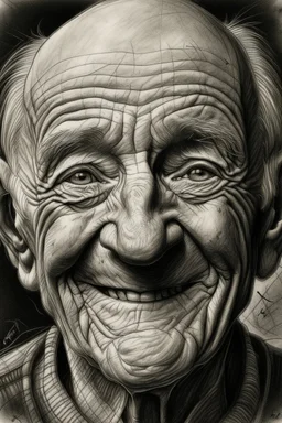 drawing, portrait, old, old, wrinkles, features, smiling, white, lead, charcoal,drawing with pencil