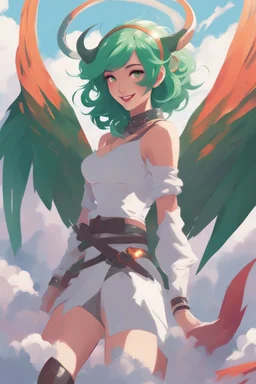 concept art of a beautiful smiling woman with green hair, by Krenz Cushart, clouds, detailed digital artwork, illustrative, key visual, highly detailed, cinematic composition, free, liberation, holy light, majestic, magical, devil wings, pointy dog ears, high contrast,